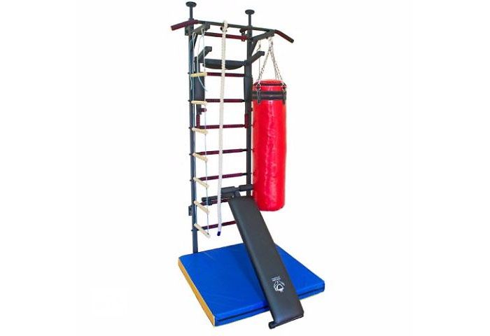 Шведская стенка усиленная «Fitness Pro Premium New» с боксёрской грушей, скамьёй для жима и пресса, а также канатом и верёвочной лестницей