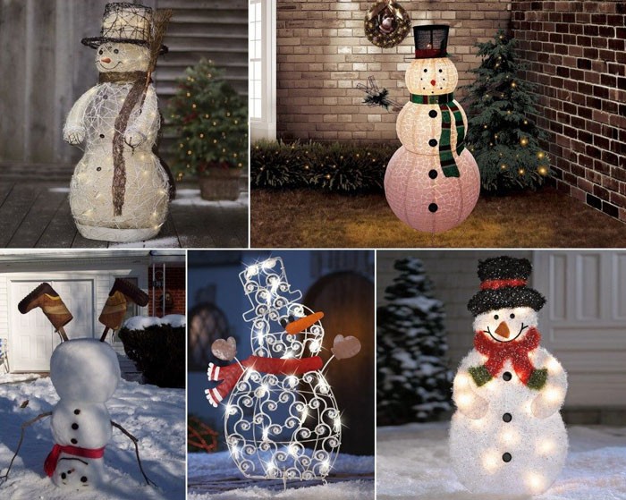 Снеговиков можно купить, сделать из проволоки, стаканчиков, ткани и светодиодных гирлянд